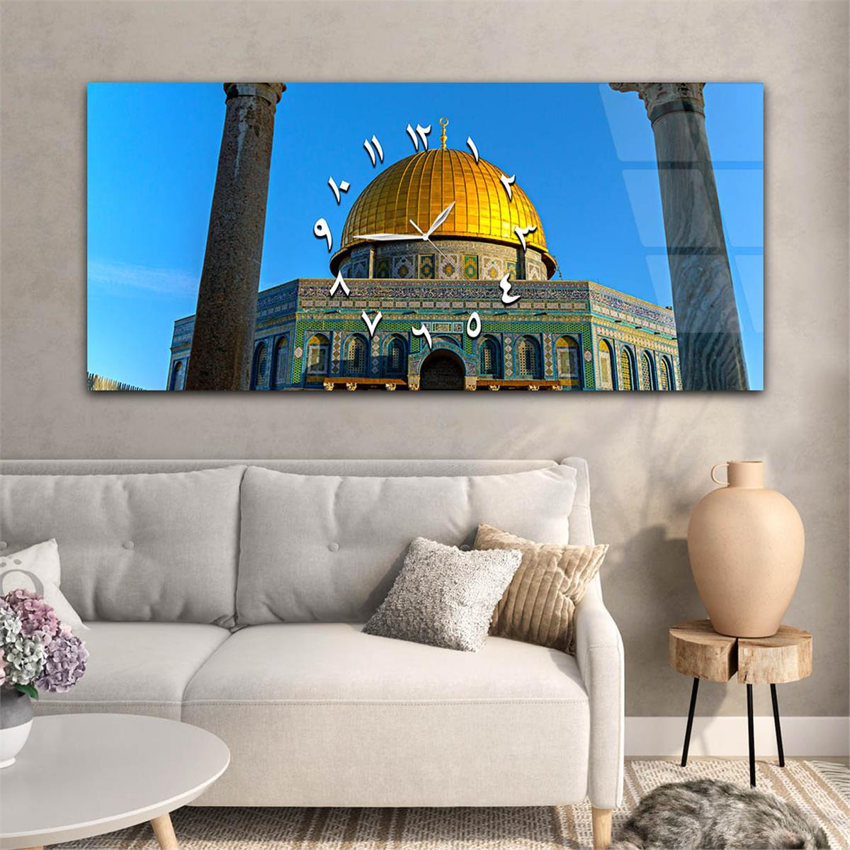 Yatay Ortadan Saatli  Dini Temalı Cam Tablo 005