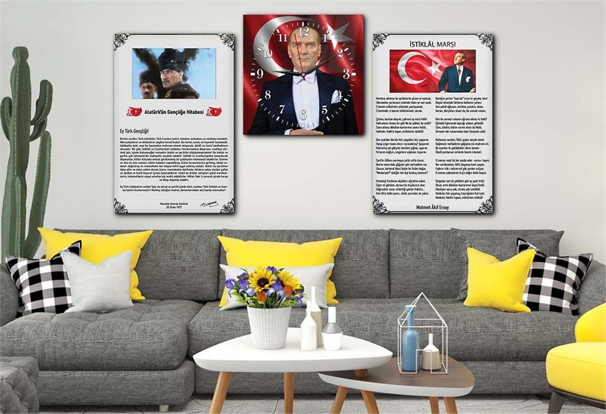Atatürk, Independence March, and Youth Address Glass Wall Art Set with Clock