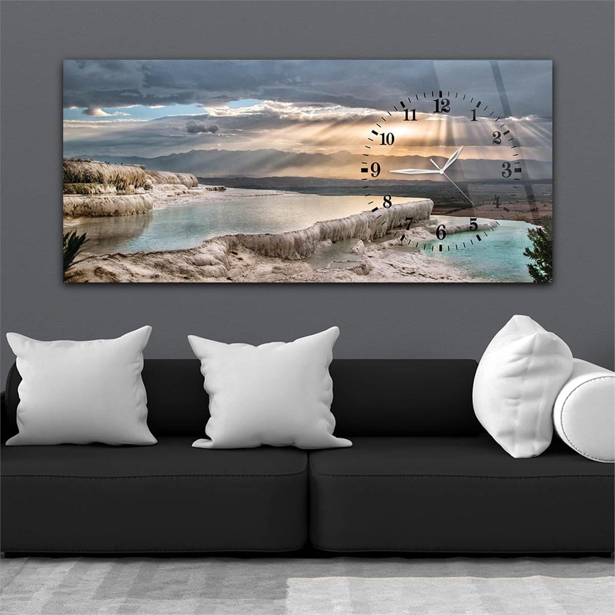 Yatay Saatli Yandan Sanat ve Doğa Temalı Cam Tablo 026