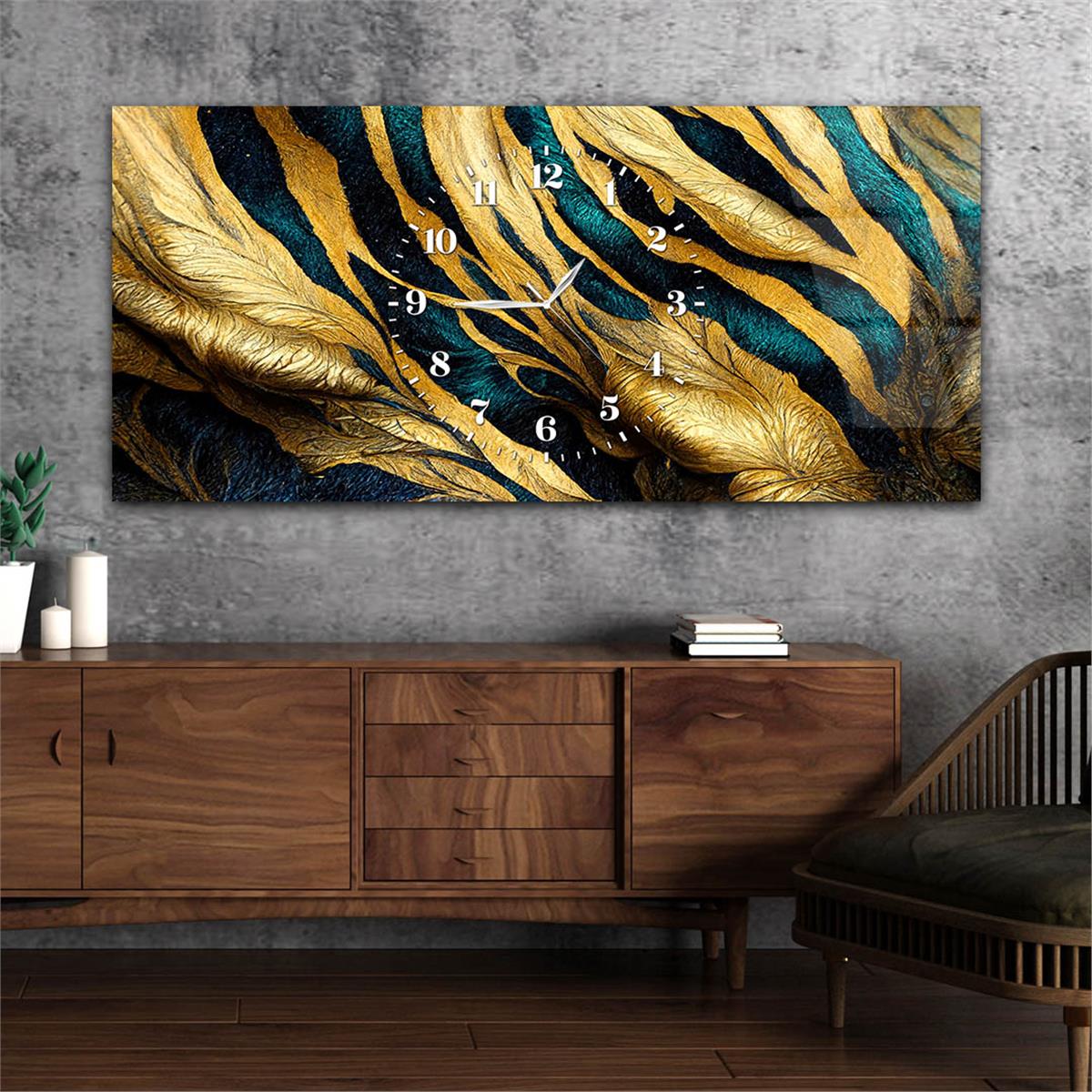 Gold ve Mavi Renkli, Çizgi ve Yaprak Desenli Saatli Cam Tablo