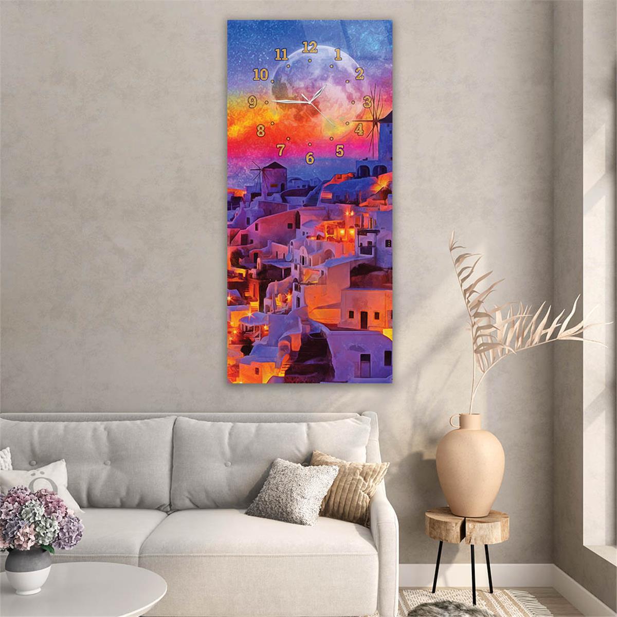 Dikey Üstten Saatli Sanat Temalı Cam Tablo 051