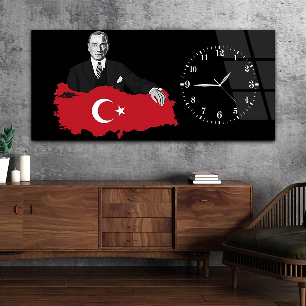 Yatay Saatli Yandan Vatan Temalı Cam Tablo 013