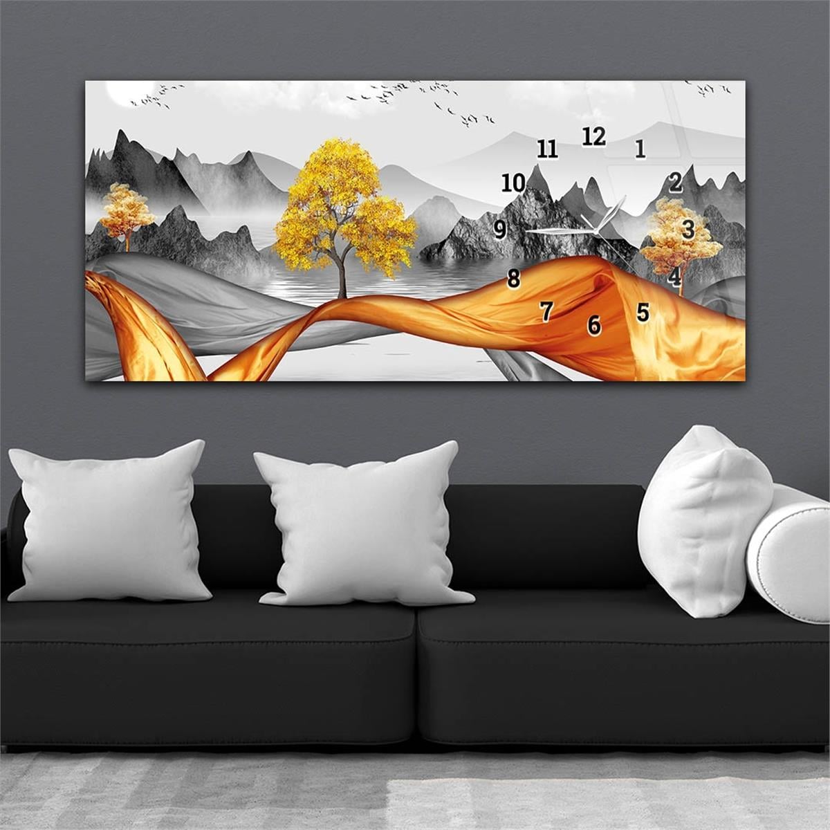 Yatay Saatli Yandan Sanat ve Doğa Temalı Cam Tablo 168
