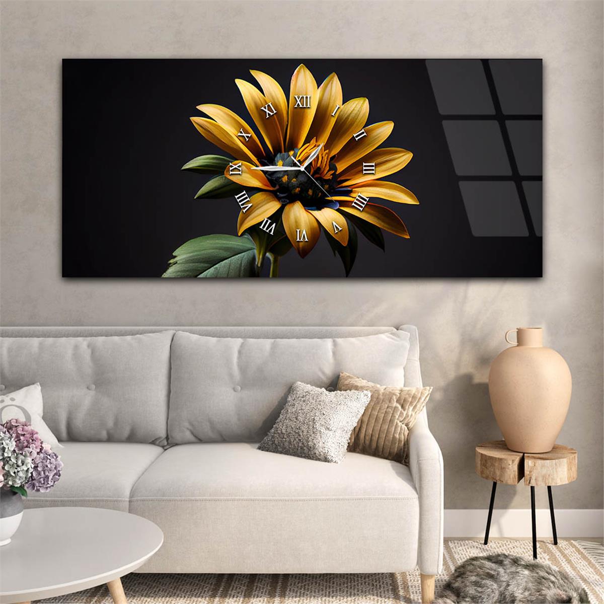 Yatay Ortadan Saatli  Sanat ve Doğa Temalı Cam Tablo 036