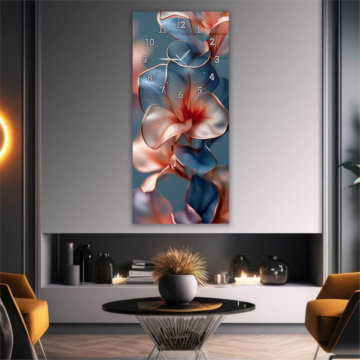 Vertical Art Themed Glass Wall Art with Clock at the Top 040