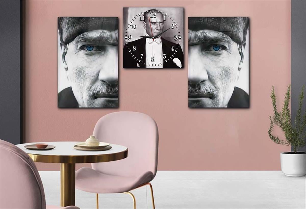 MUSTAFA KEMAL ATATÜK Tempered Glass Wall Art Set with Clock