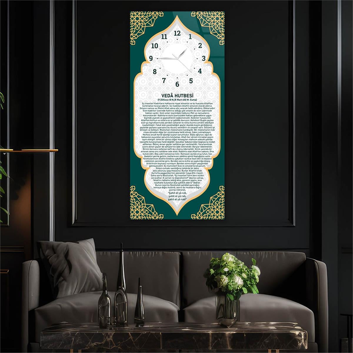 Vertical Religious Themed Glass Wall Art with Clock at the Top  054