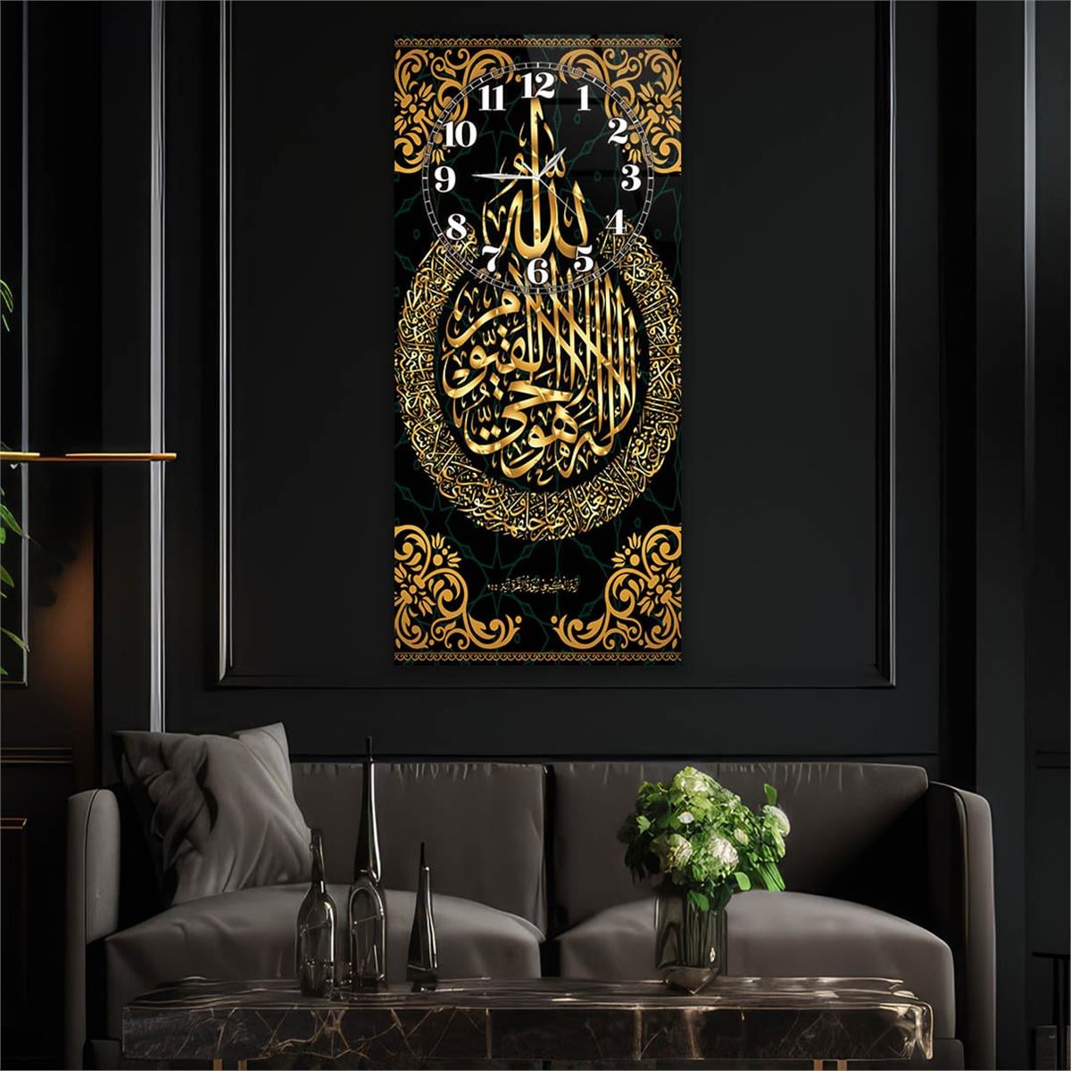 Vertical Religious Themed Glass Wall Art with Clock at the Top  003