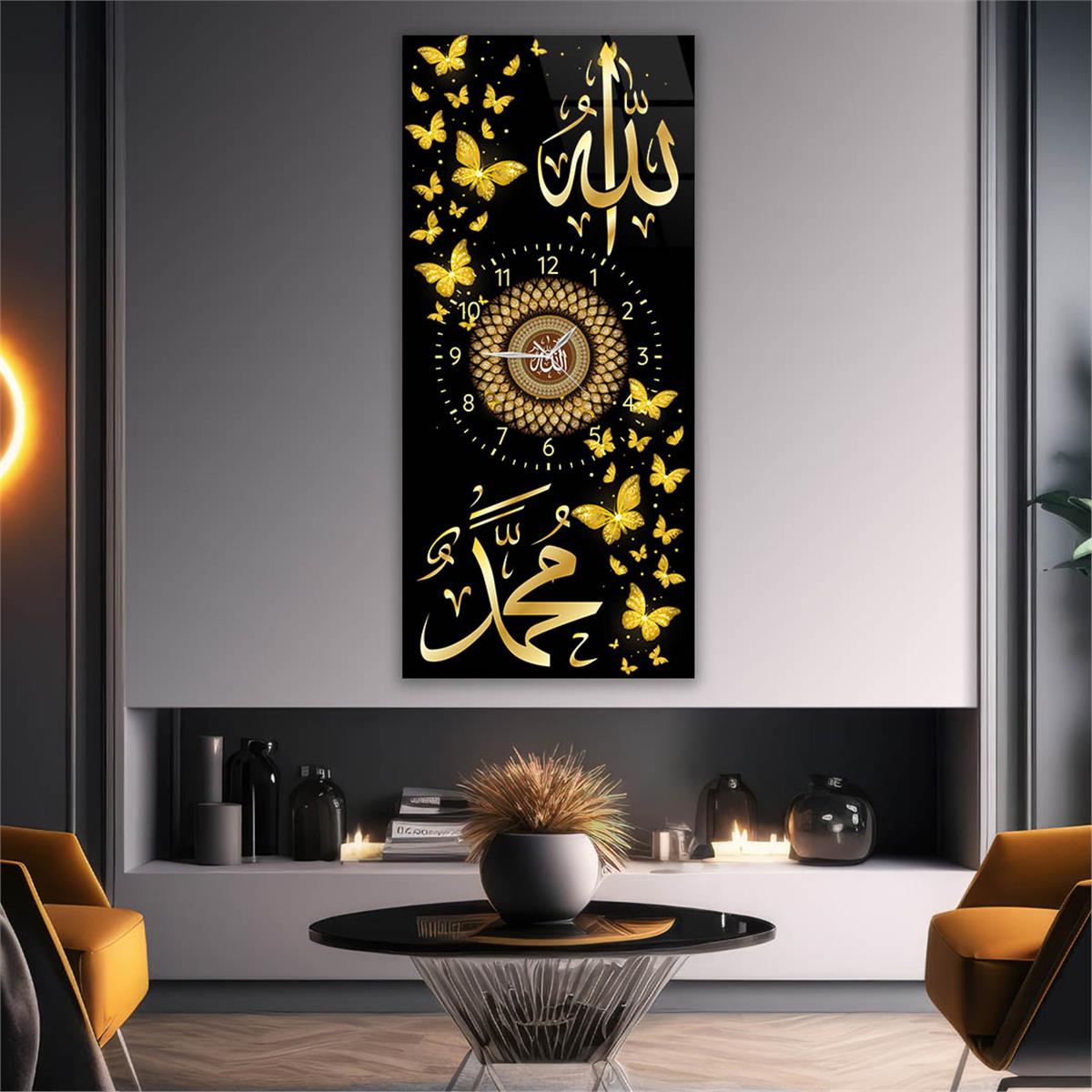 Vertical Religious Themed Glass Wall Art with Clock at the Center 013