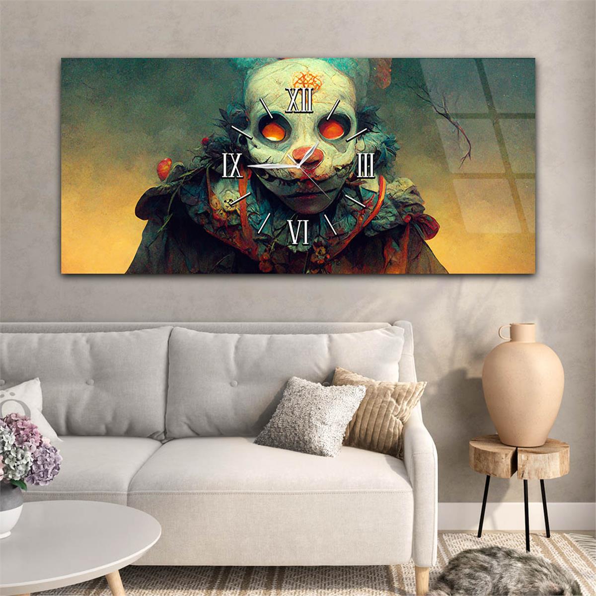 Horizontaal, in Het Midden Voorzien Van Een Klok, Kunst En Natuur Thema Gehard Glasschilderij 092