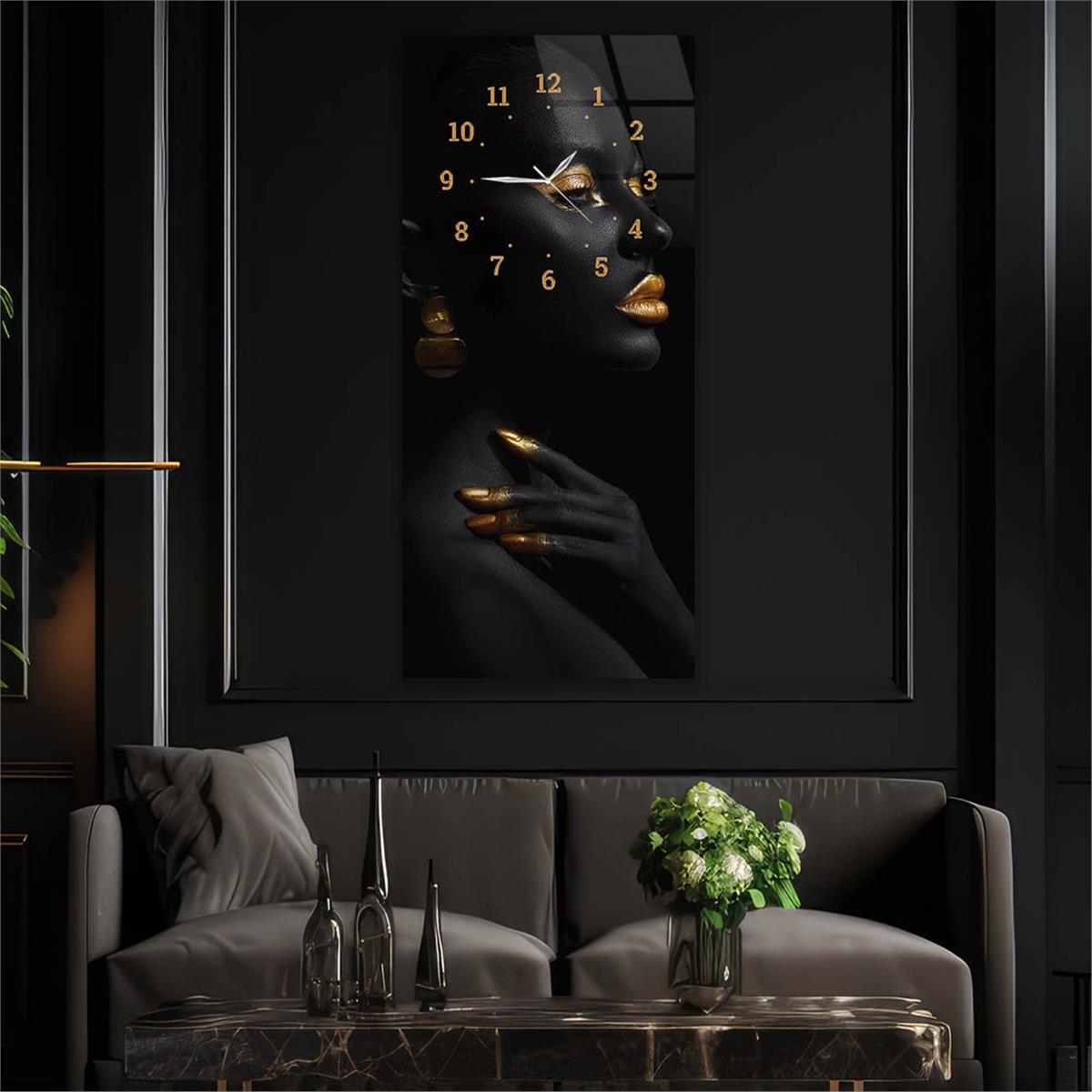 Dikey Üstten Saatli Sanat Temalı Cam Tablo 077