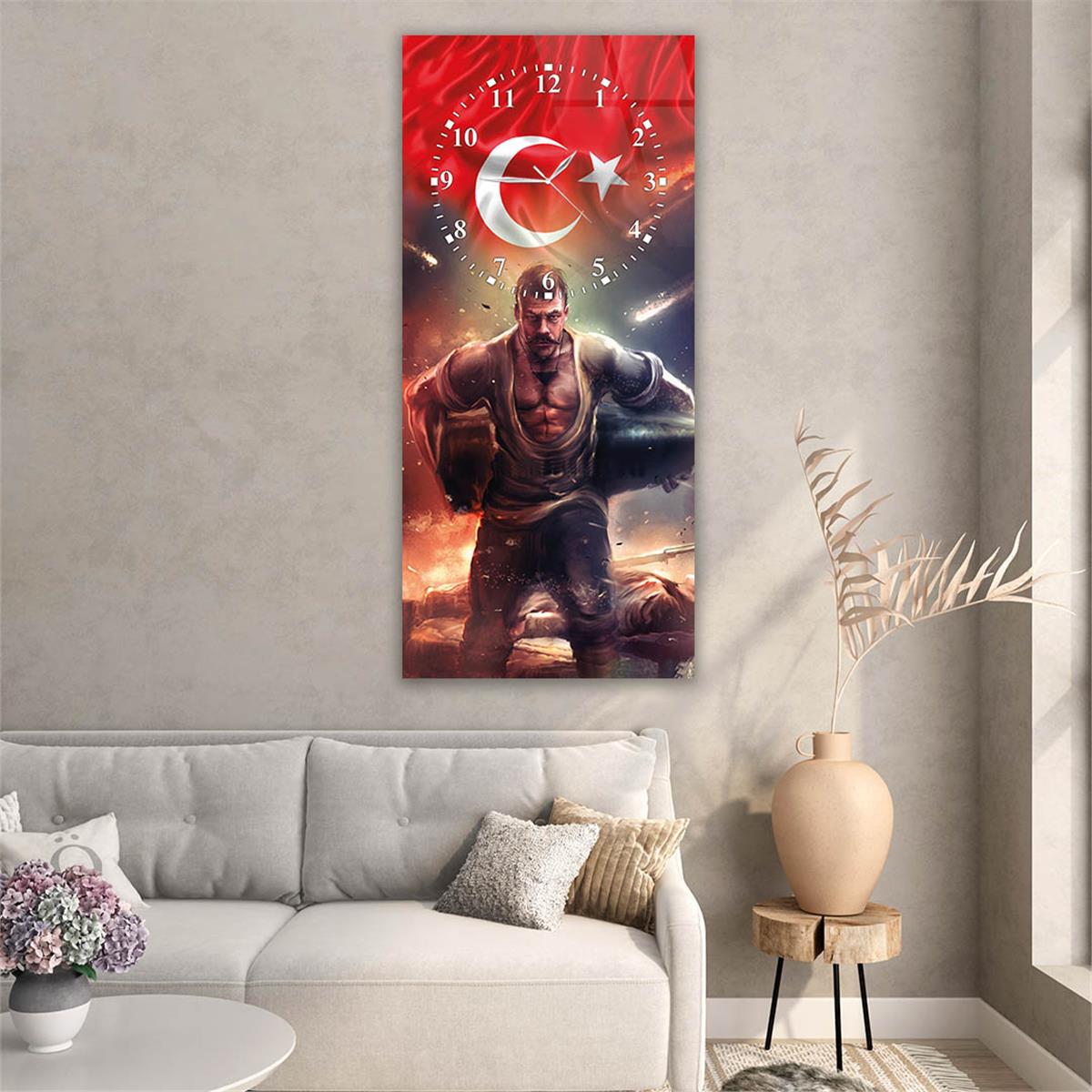 Vertical National Themed Glass Wall Art with Clock at the Top 001