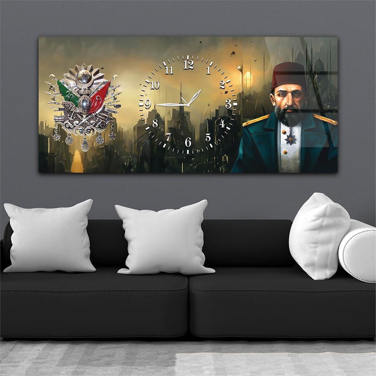 Abdülhamid Han ve Osmanlı Tuğralı İstanbul Zeminli Saatli Cam Tablo 074