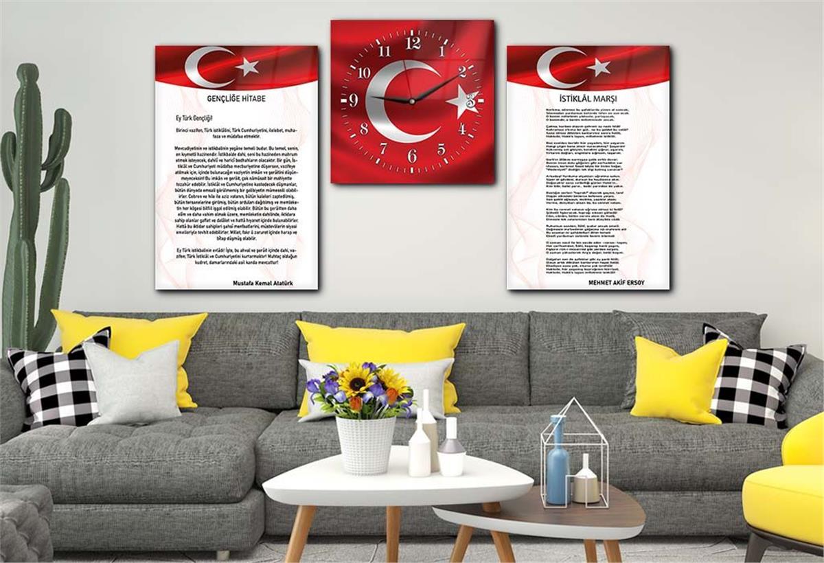 Atatürk and Independence March Glass Wall Art Set with Clock
