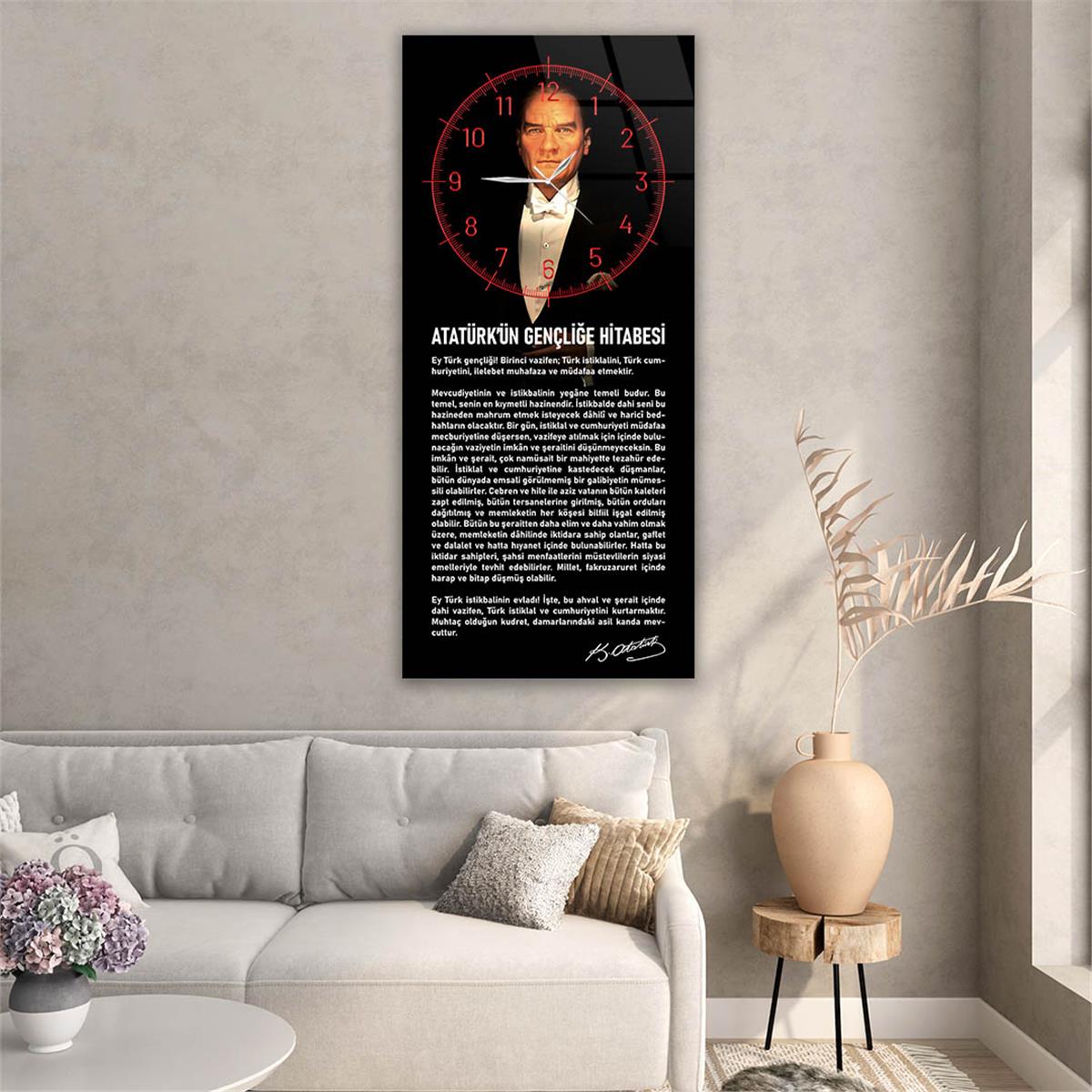 Dikey Üstten Saatli Vatan Temalı Cam Tablo 025