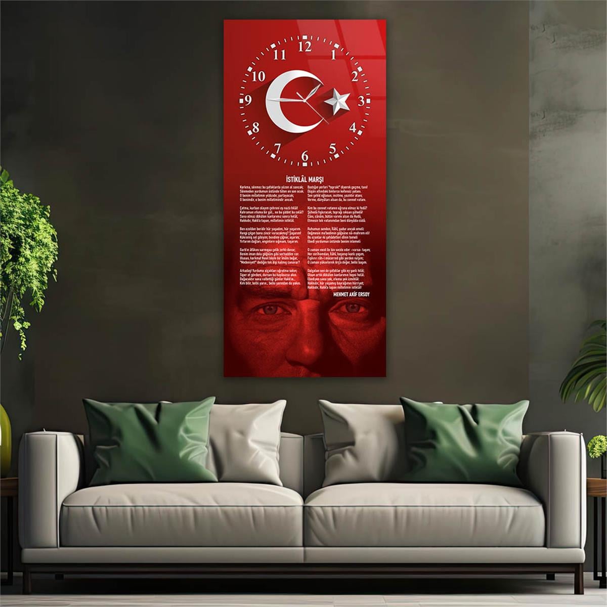 Dikey Üstten Saatli Vatan Temalı Cam Tablo 026