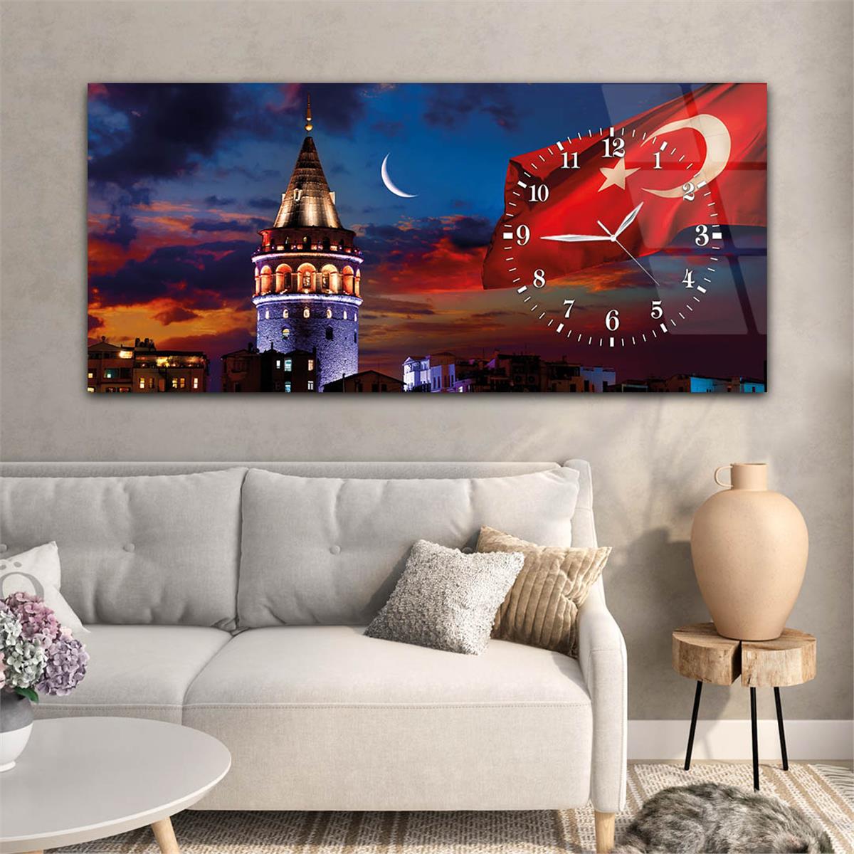 Yatay Saatli Yandan Vatan Temalı Cam Tablo 015