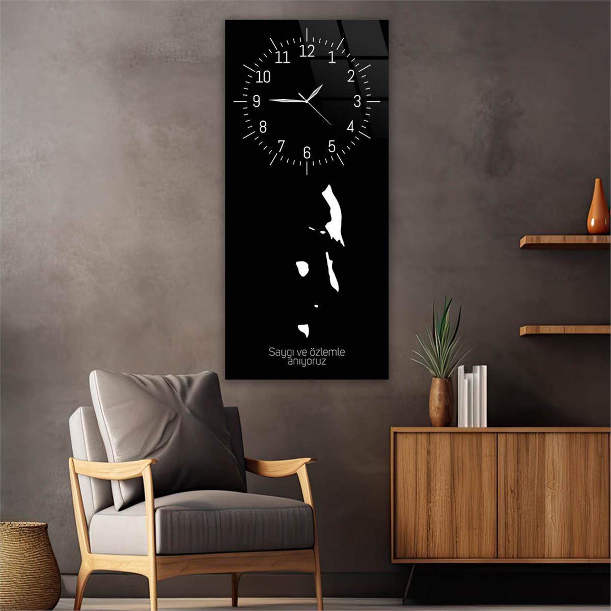 Dikey Üstten Saatli Vatan Temalı Cam Tablo 044