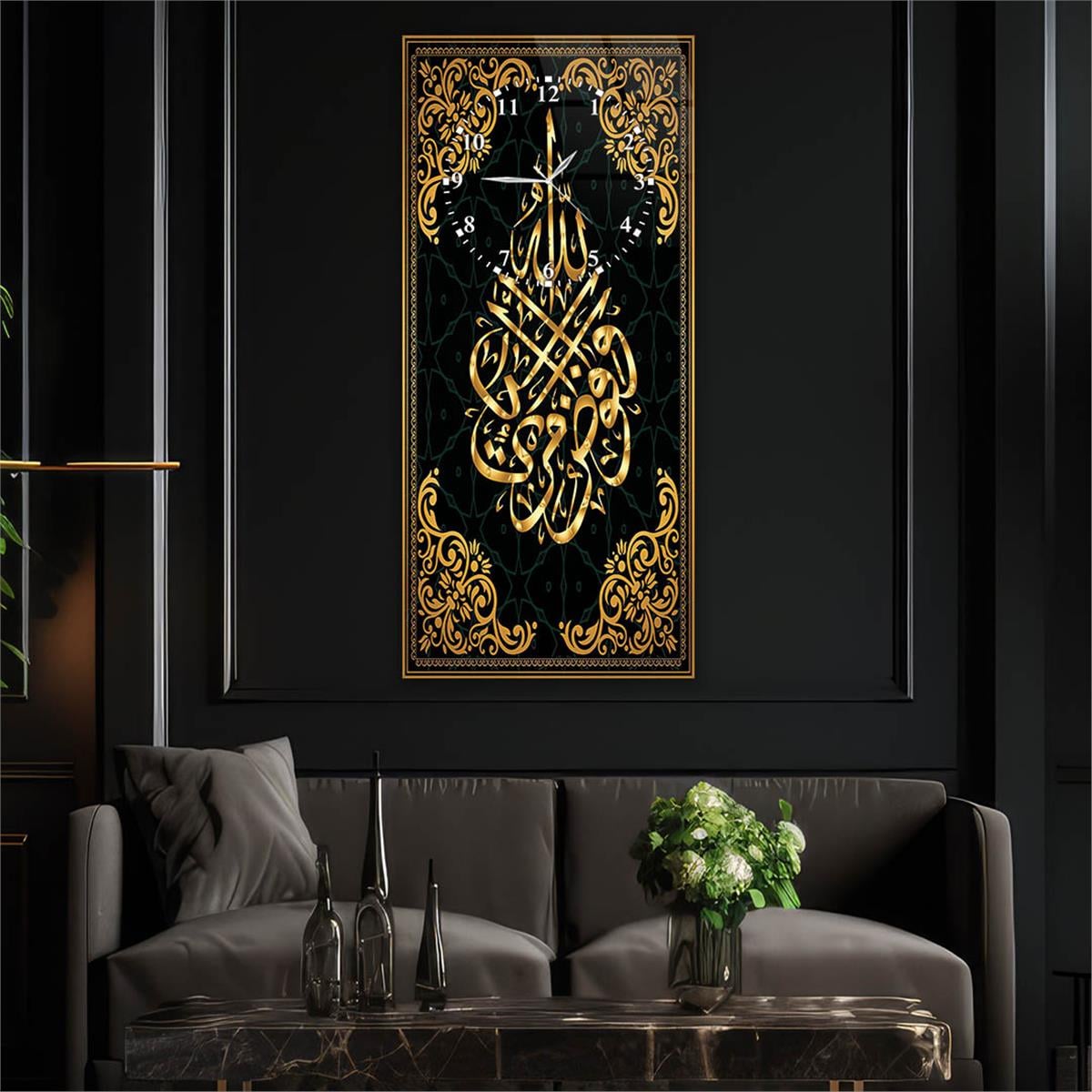 Vertical Religious Themed Glass Wall Art with Clock at the Top  025