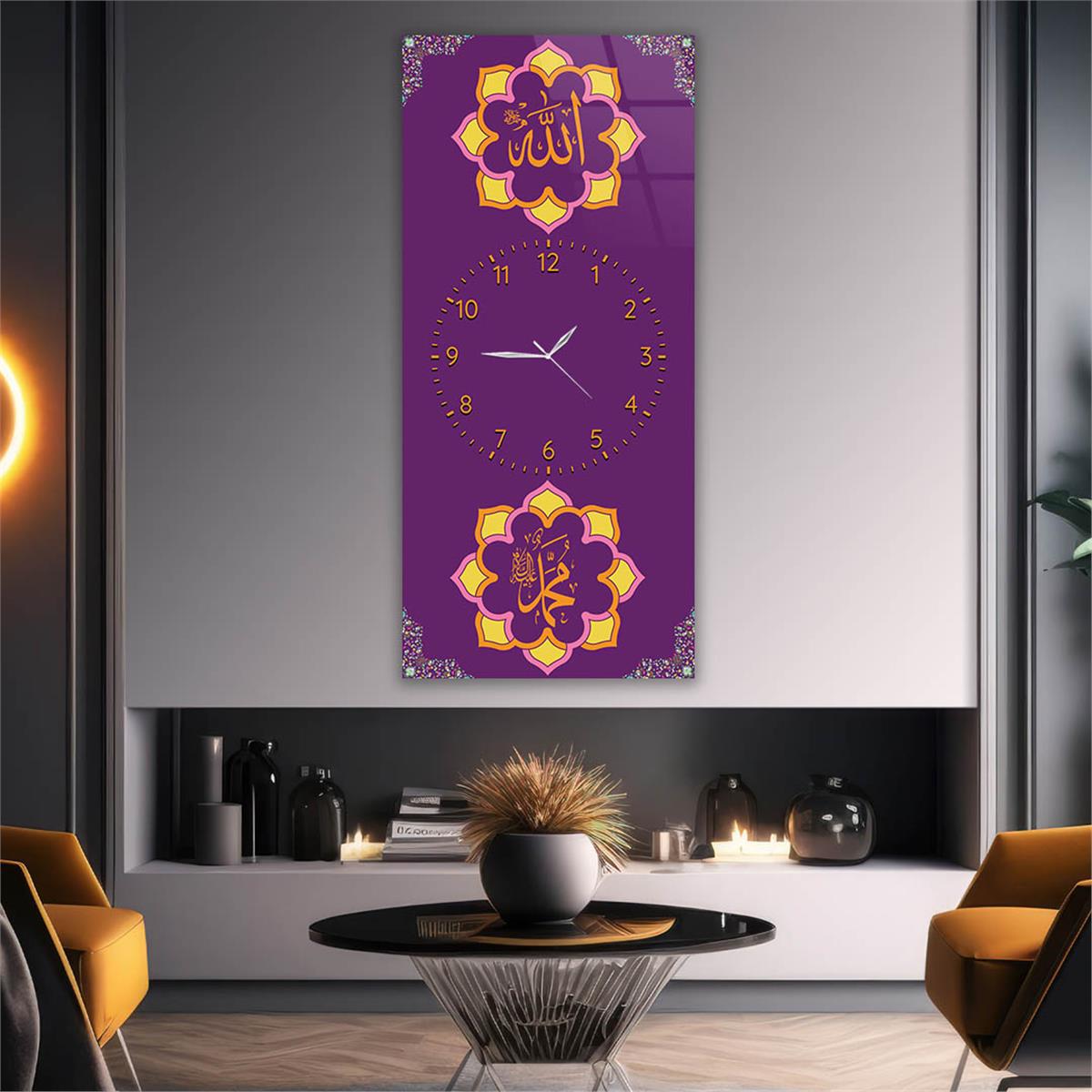 Vertical Religious Themed Glass Wall Art with Clock at the Center 009
