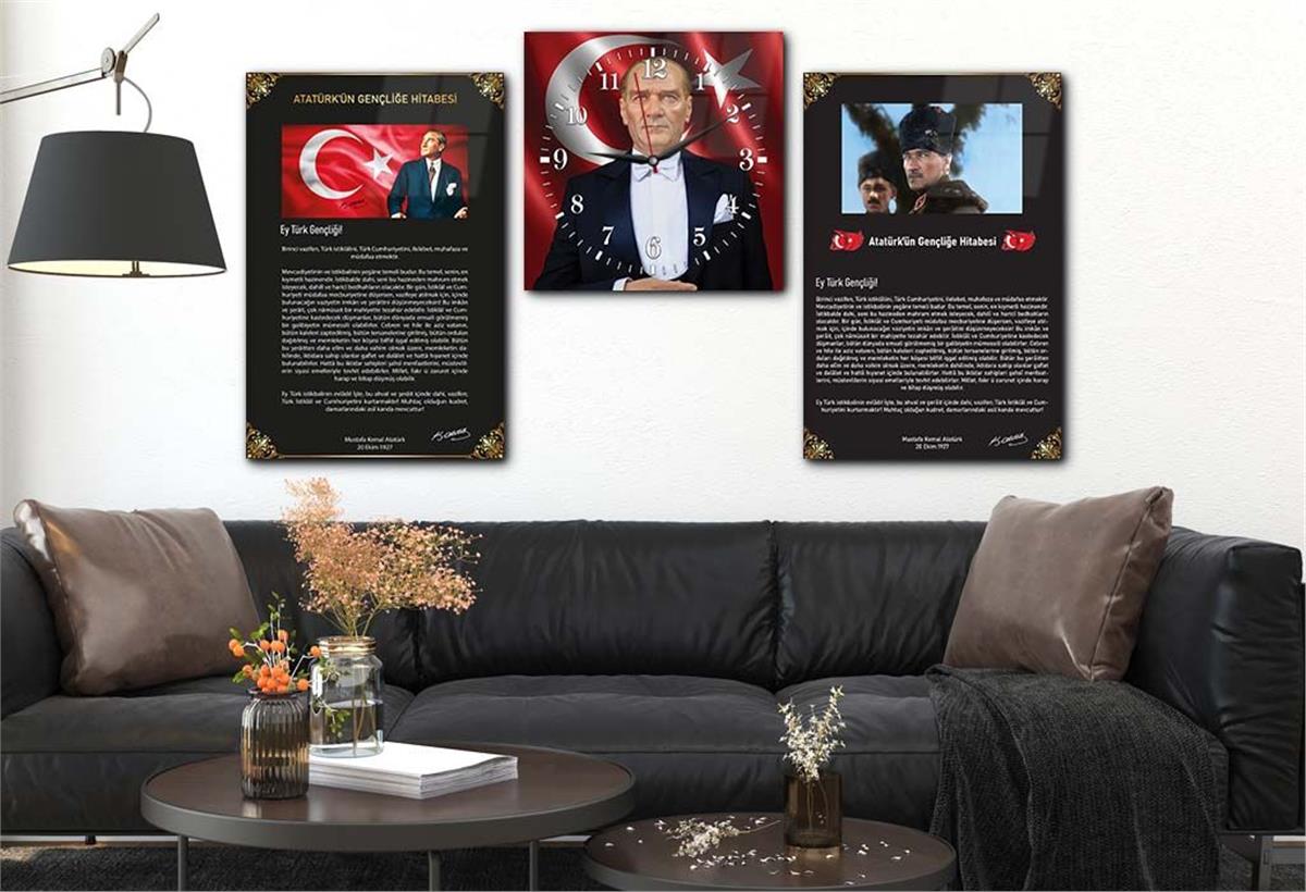 Atatürk, Independence March, and Youth Address Glass Wall Art Set with Clock