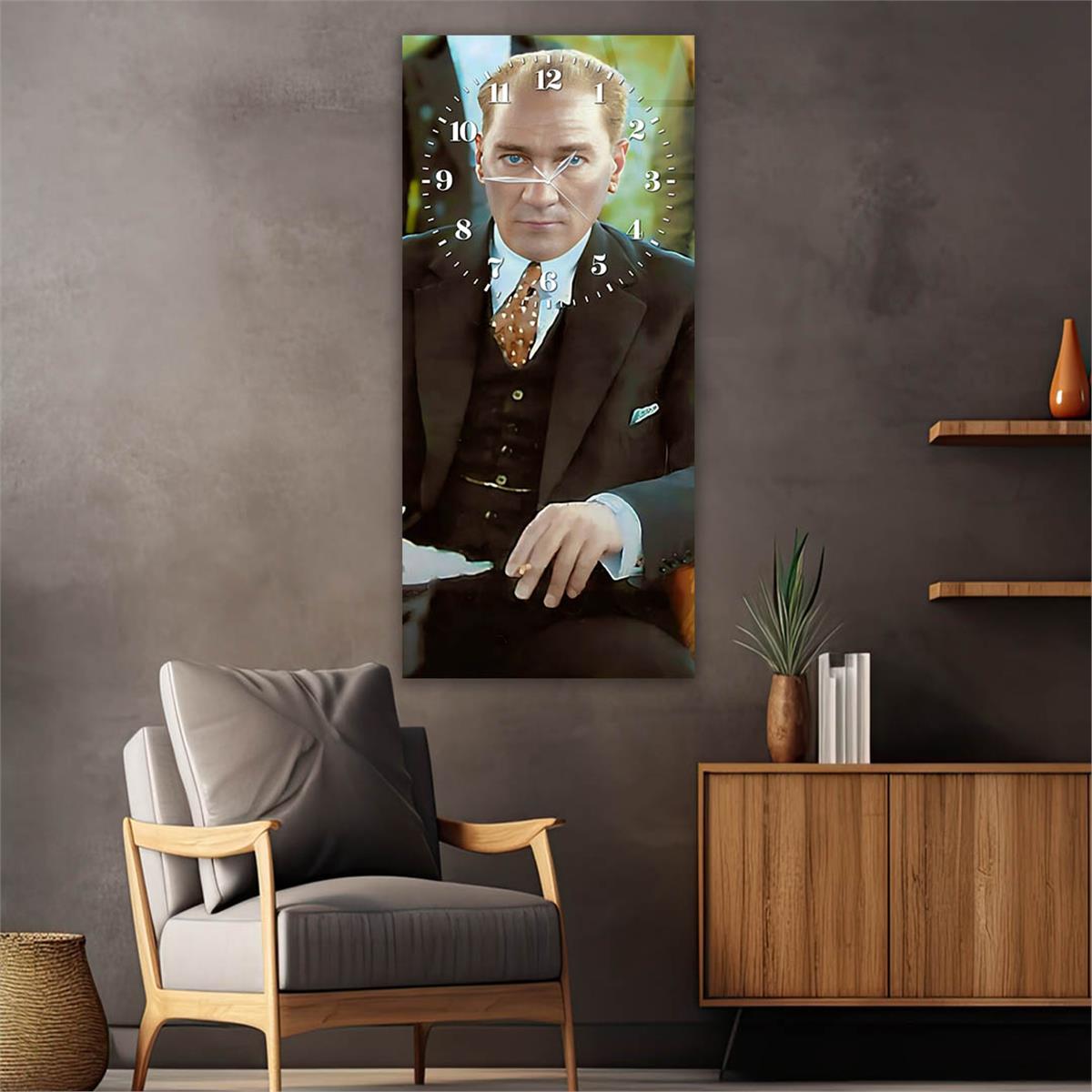 Dikey Üsten Saatli Vatan Temalı Cam Tablo 001