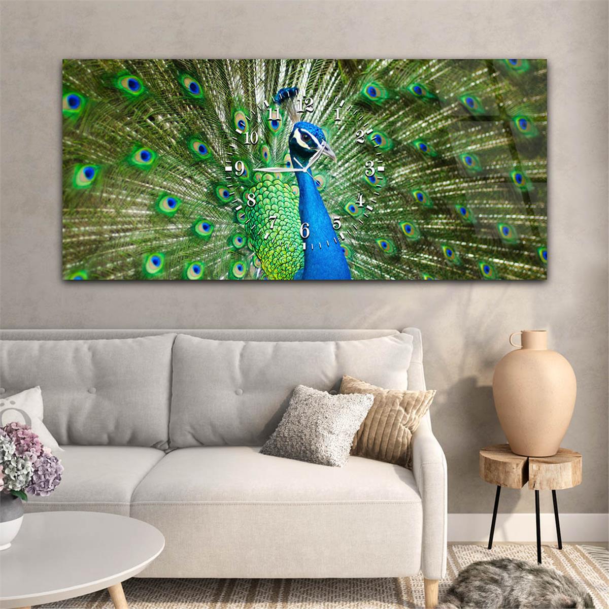 Yatay Ortadan Saatli  Sanat ve Doğa Temalı Cam Tablo 014