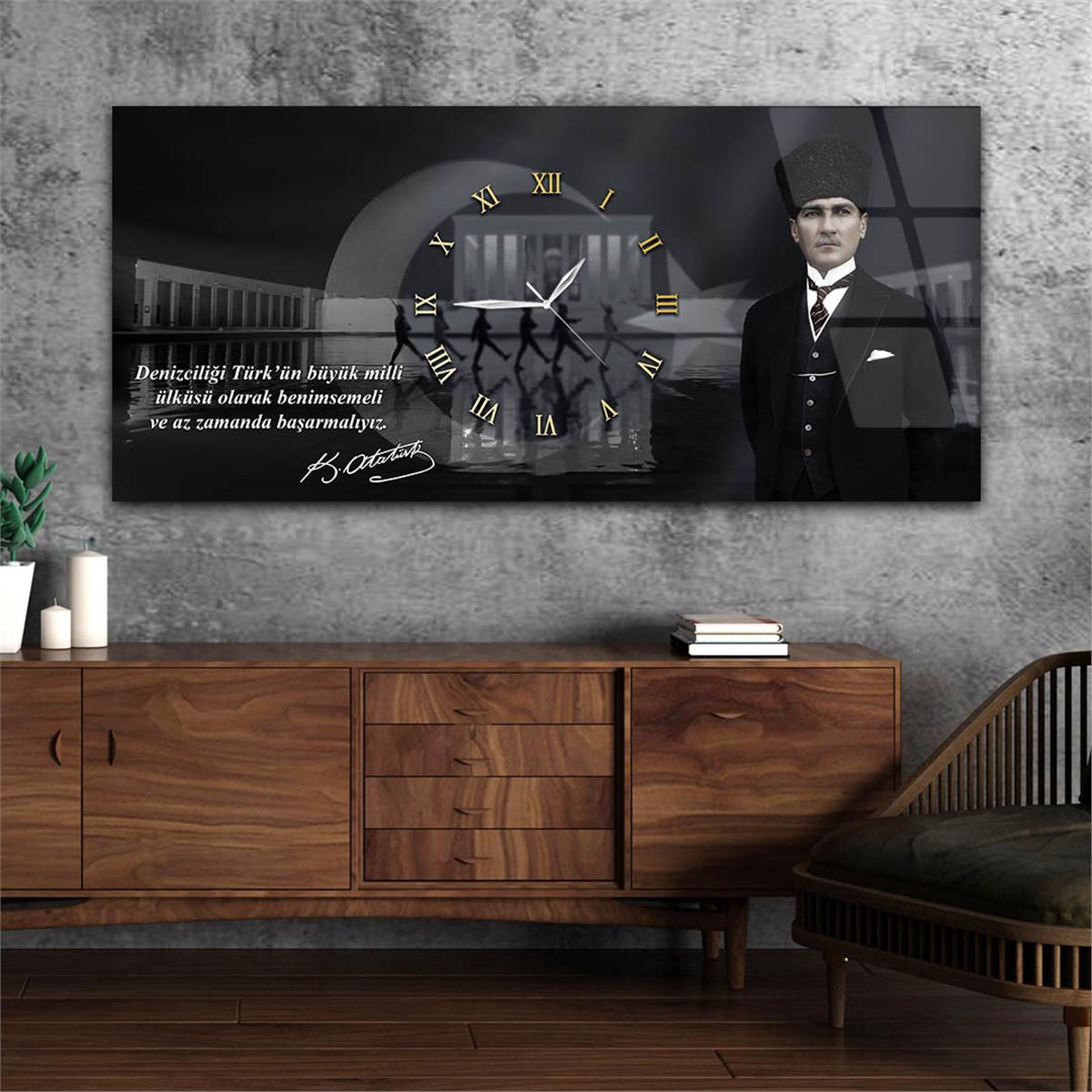 Yatay Saatli Ortadan Vatan Temalı Cam Tablo 154
