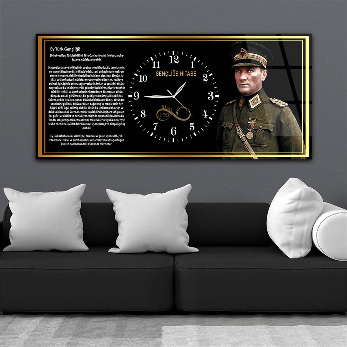 Asker Kıyafetli Atatürük ve Gençliğe Hitabe Saatli  Cam Tablo 036