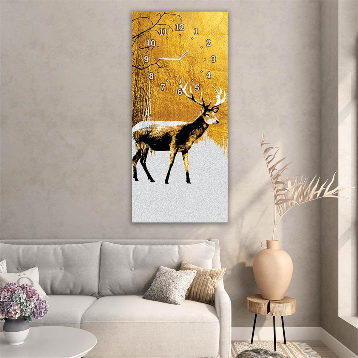 Dikey Üstten Saatli Sanat Temalı Cam Tablo 053