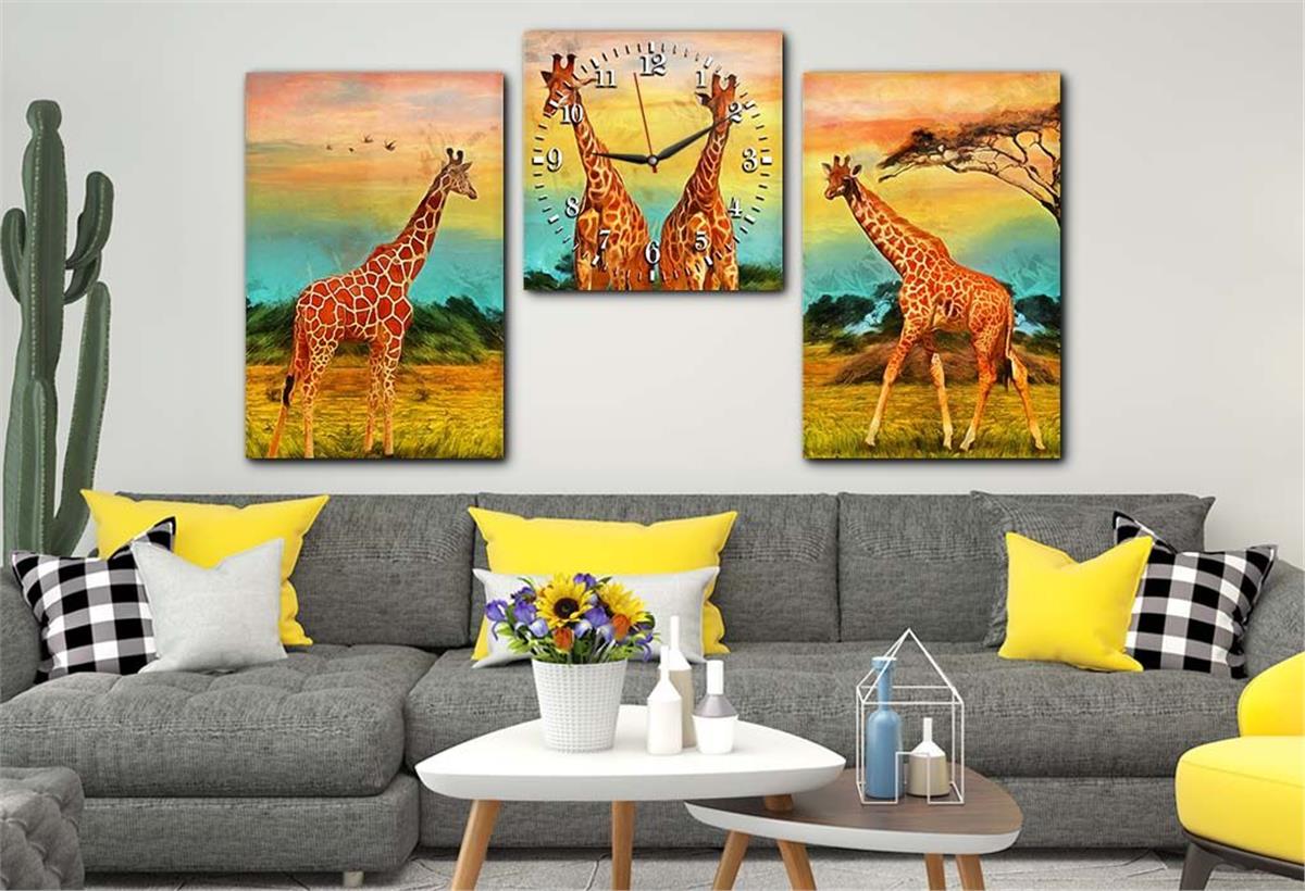 Giraffe Tempered Glass Wall Art Set with Clock
