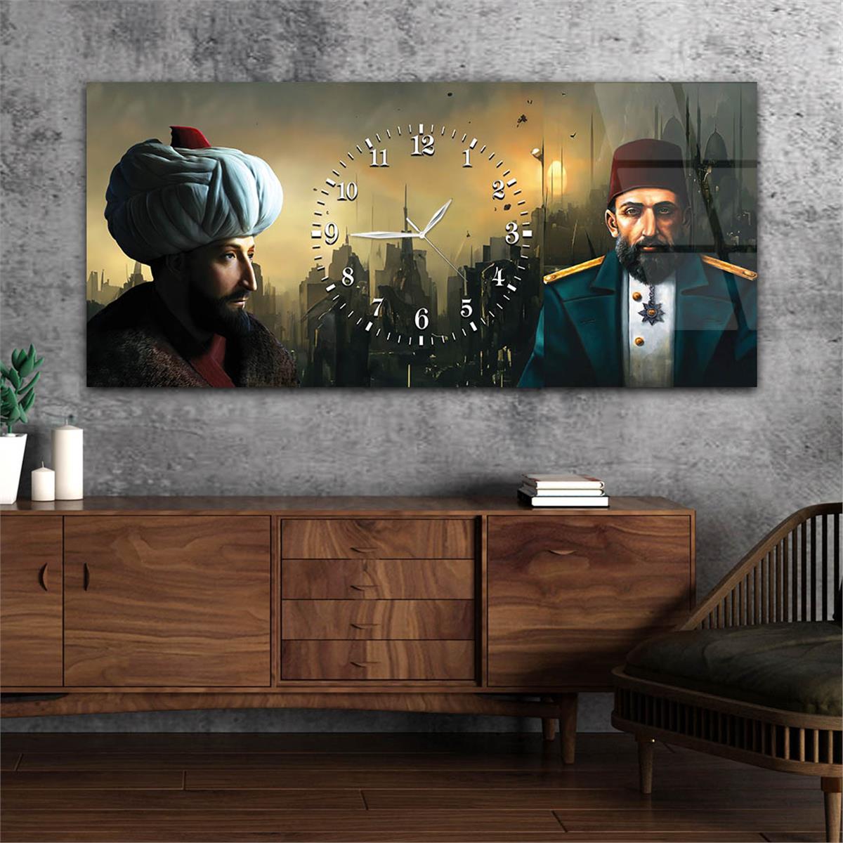 Fatih Sultan Mehmet Han ve Abdülhamit Han Saatli Cam Tablo 077