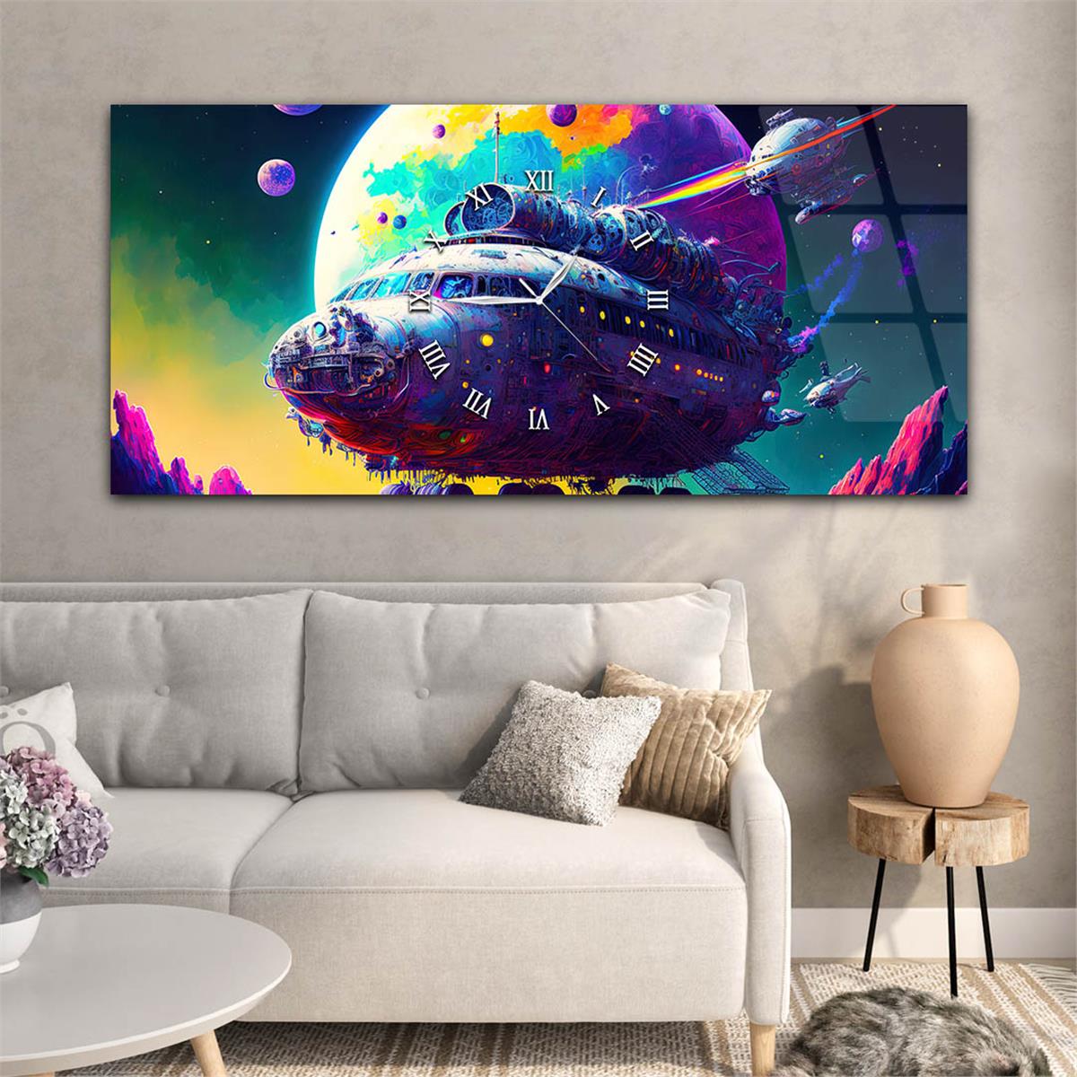 Yatay Ortadan Saatli  Sanat ve Doğa Temalı Cam Tablo 045