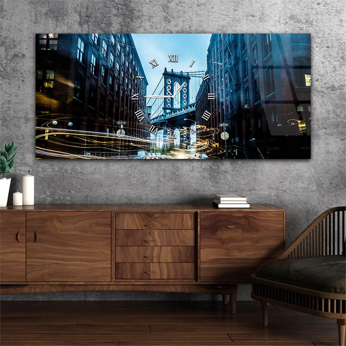 Yatay Ortadan Saatli  Sanat ve Doğa Temalı Cam Tablo 010