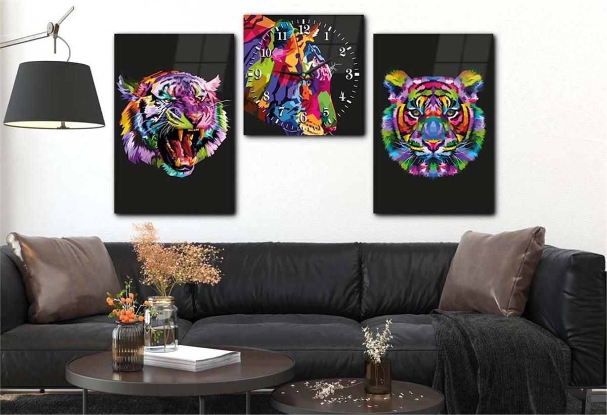 Tiger Tempered Glass Wall Art Set with Clock