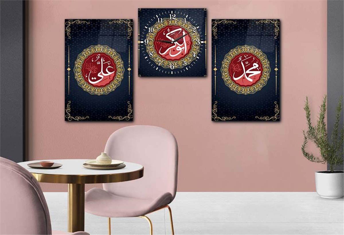 PEYGAMBER EFENDİMİZİN İSMİ HZ.EBUBEKİR HZ.ALİNİN İSMİ YAZILI CAM TABLO CAM SAAT SETİ 