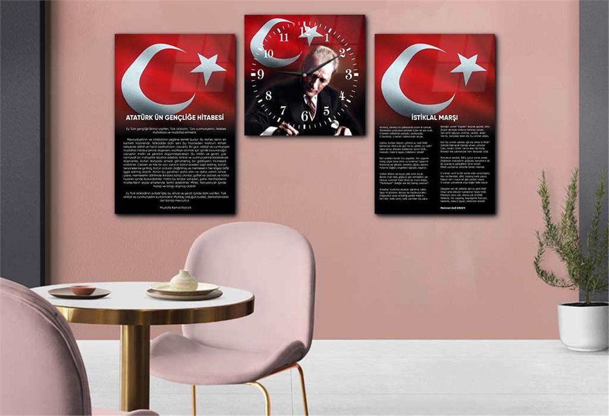 Atatürk and Independence March Glass Wall Art Set with Clock