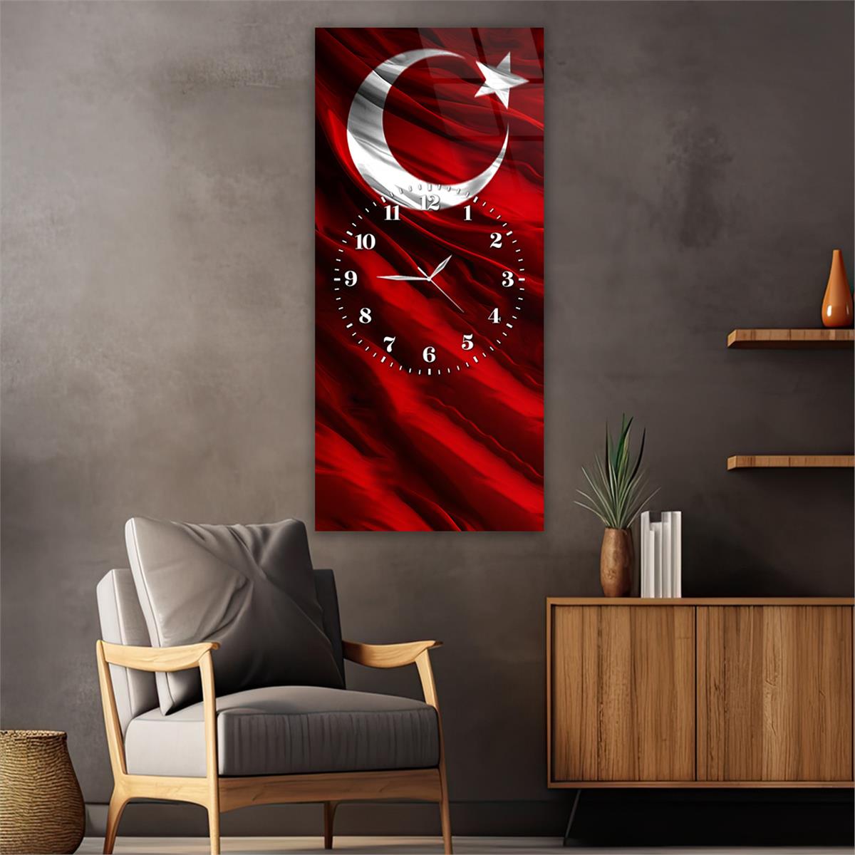 Dikey Ortadan Saatli Vatan Temalı Cam Tablo 001