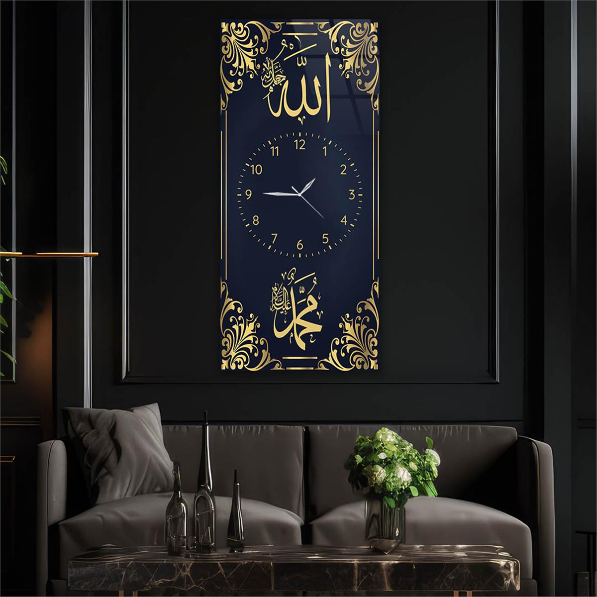 Vertical Religious Themed Glass Wall Art with Clock at the Center 020