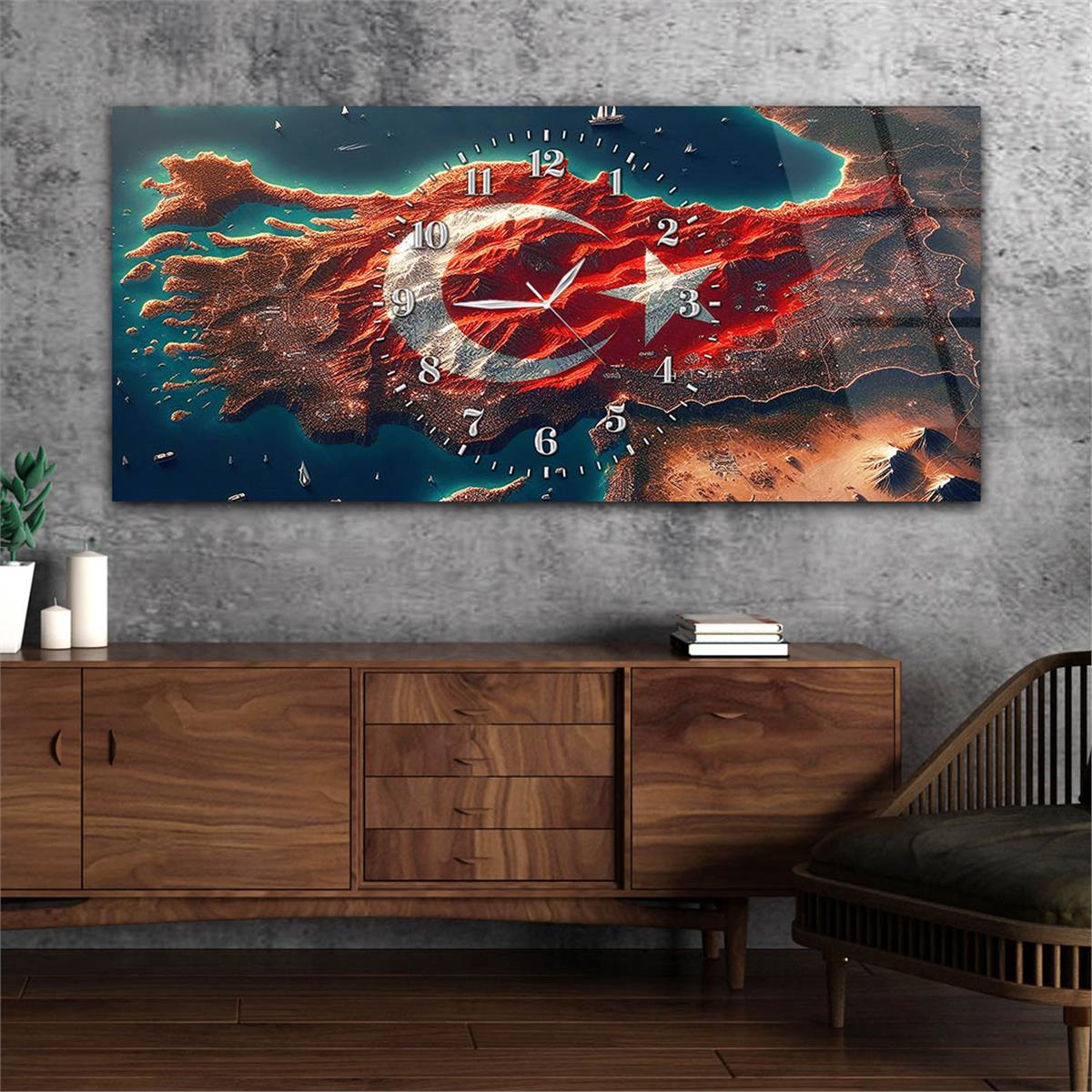 Yatay Saatli Ortadan Vatan Temalı Cam Tablo 116
