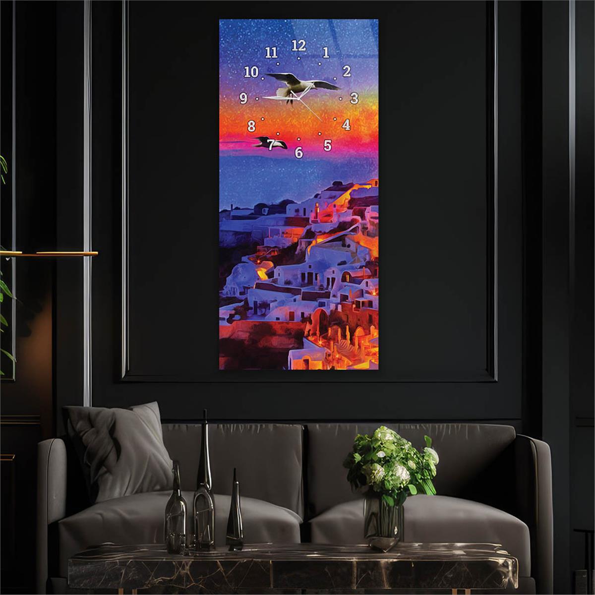 Dikey Üstten Saatli Sanat Temalı Cam Tablo 050