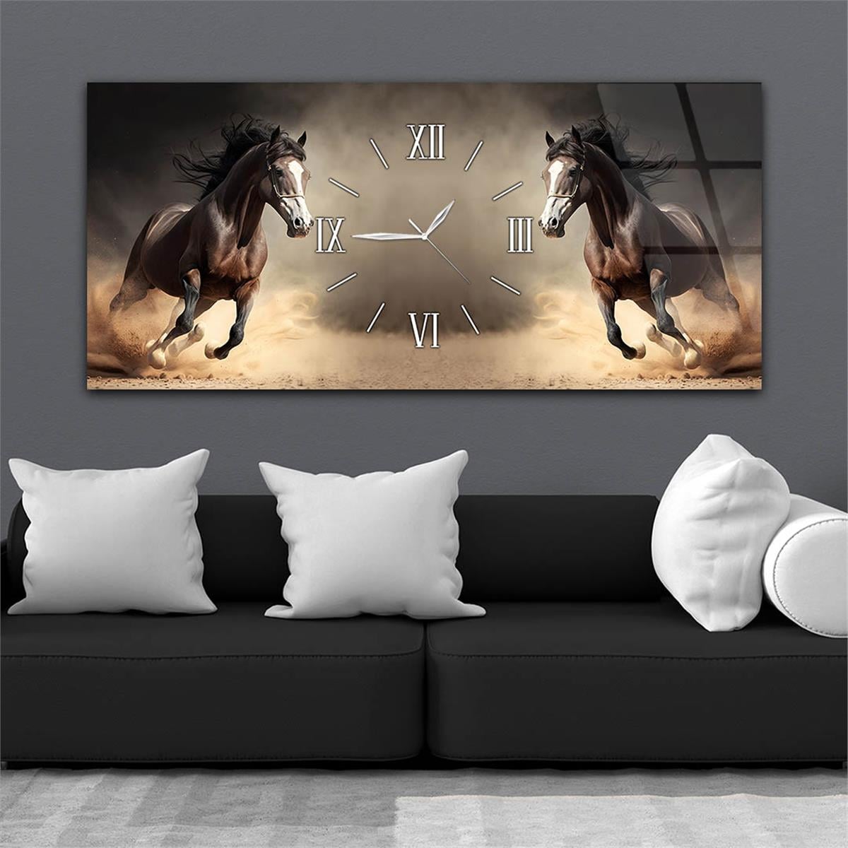 Yatay Ortadan Saatli  Sanat ve Doğa Temalı Cam Tablo 049