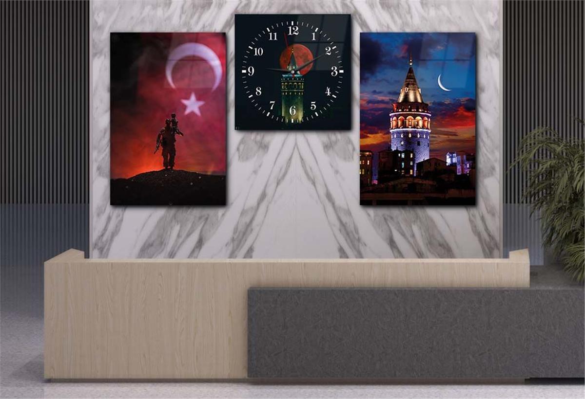 Galata Tower and Turkish Flag Tempered Glass Wall Art Set with Clock