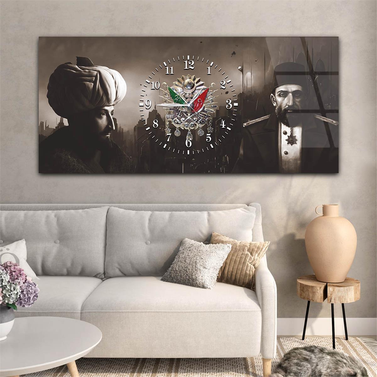 Abdulhamid Han , Fatih Sultan Mehmet Han ve Osmanlı Tuğralı Saatli Cam Tablo 075