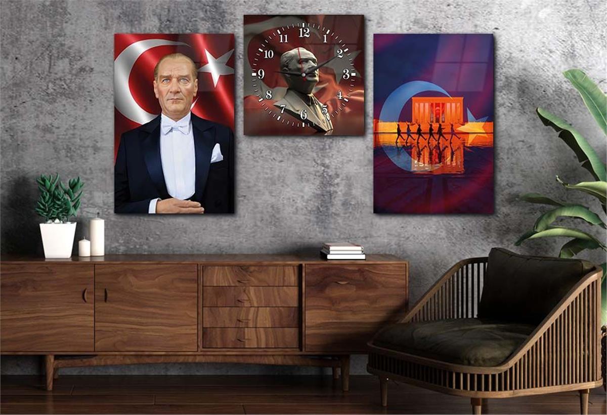 MUSTAFA KEMAL ATATÜRK VE ANITKABİR Glass Wall Art Set with Clock