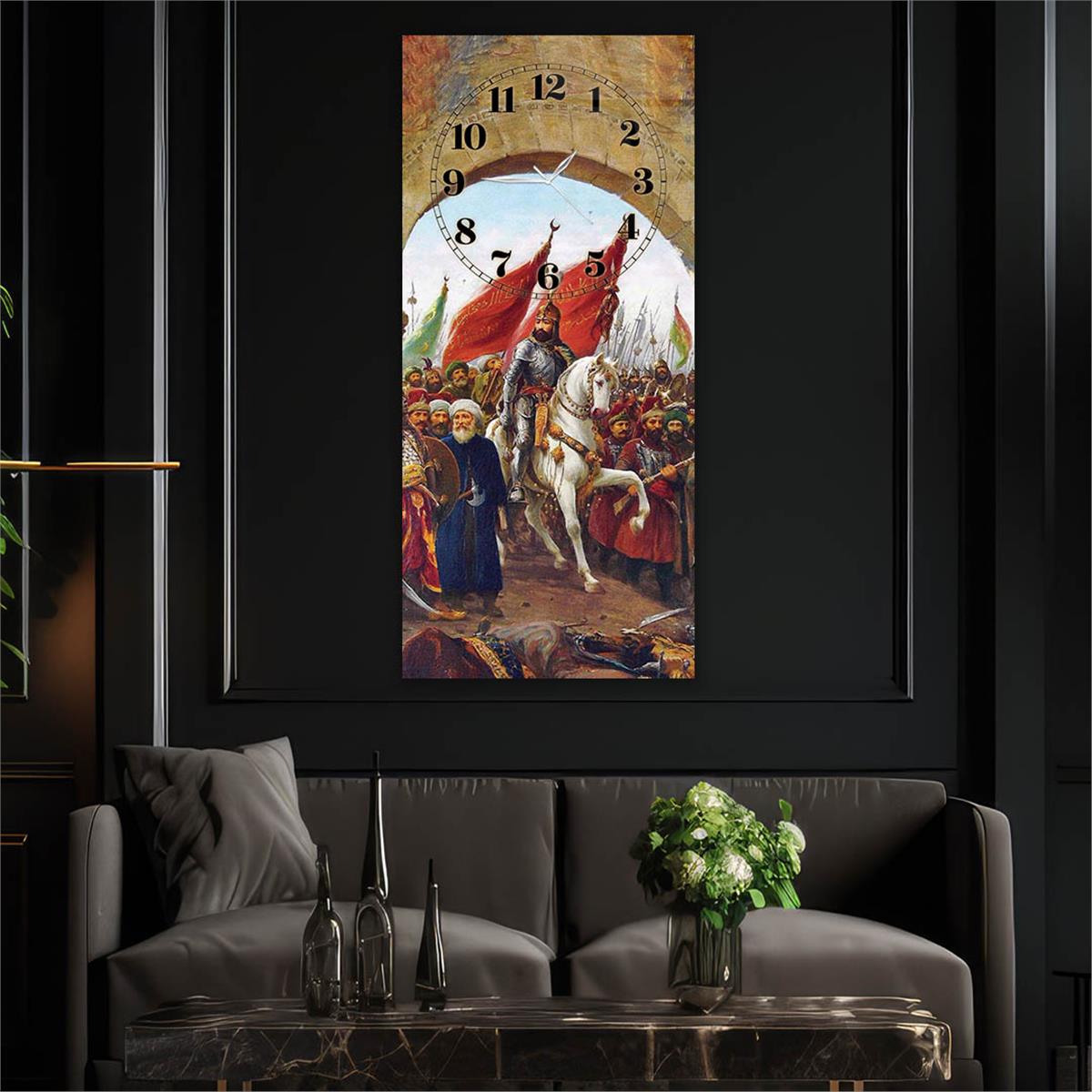 Dikey Üstten Saatli Vatan Temalı Cam Tablo 042