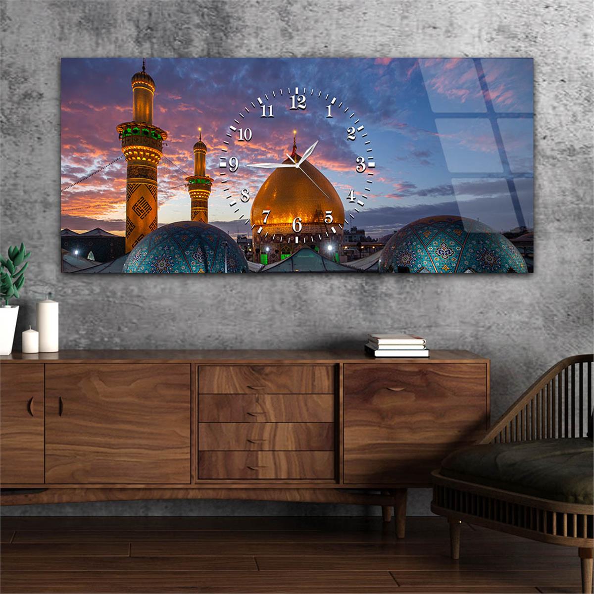 Yatay Ortadan Saatli  Dini Temalı Cam Tablo 053