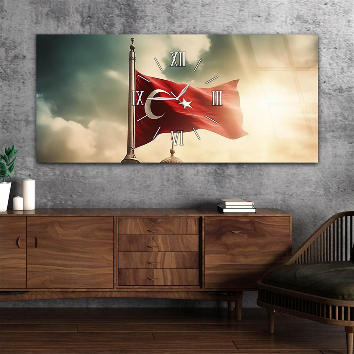 Bulutlar Arasında Dalgalanan Türk Bayrağı Saatli  Cam Tablo 080