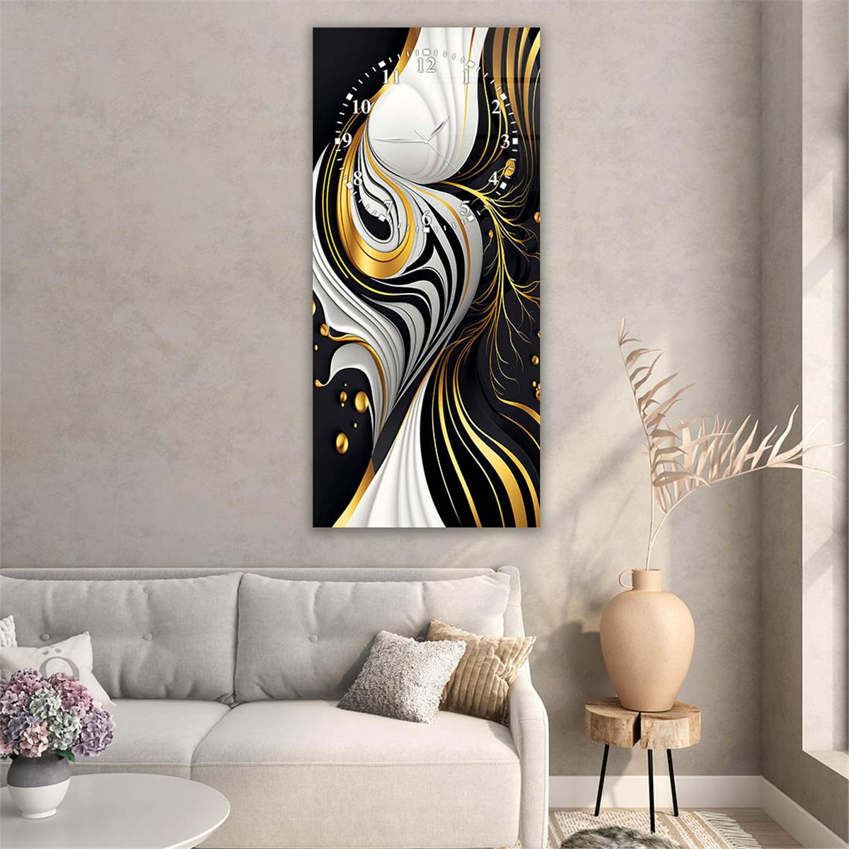 Dikey Üstten Saatli Sanat Temalı Cam Tablo 027