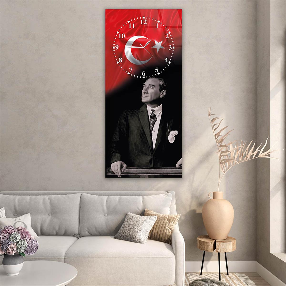 Vertical National Themed Glass Wall Art with Clock at the Top 007